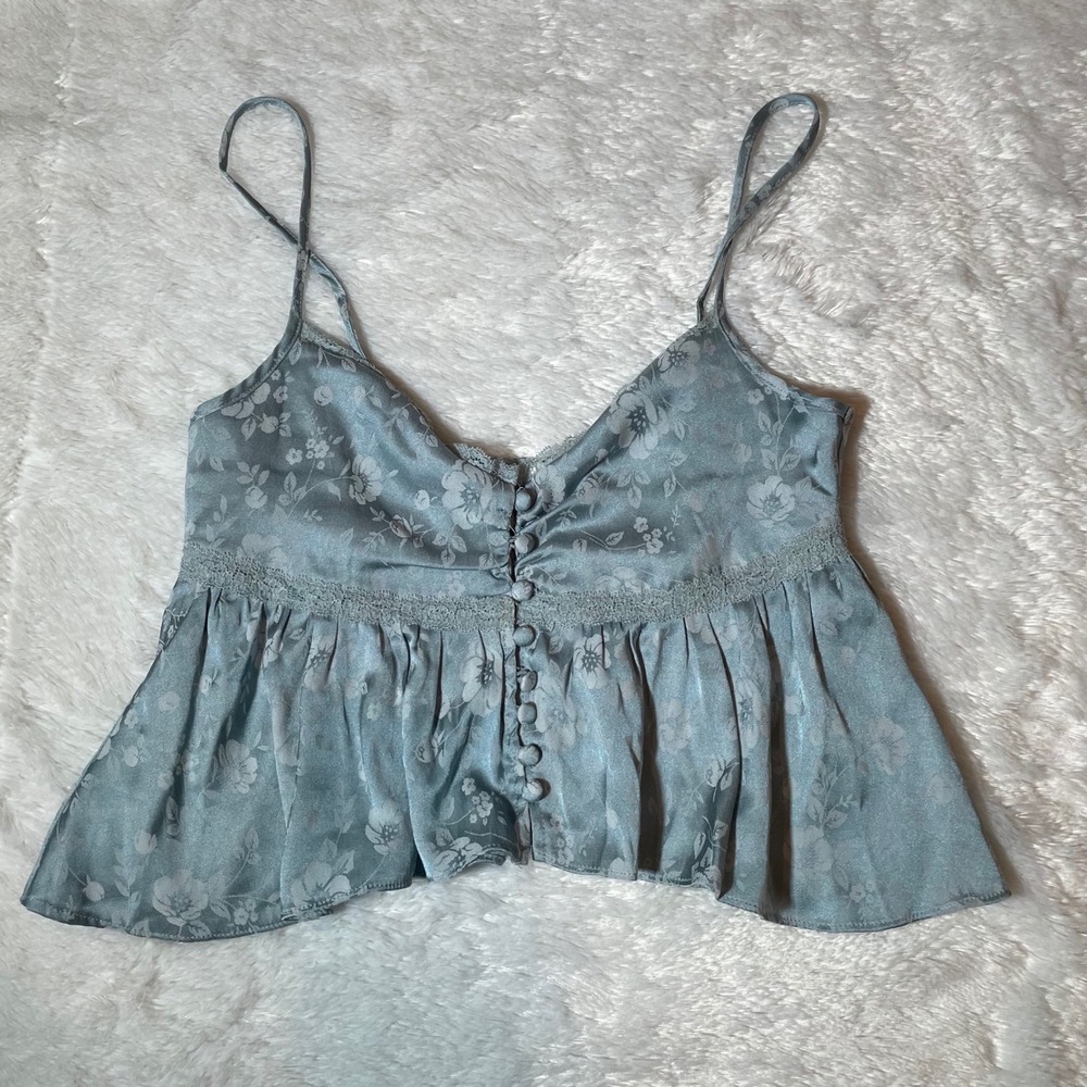 Princess Polly Blue Floral Satin Babydoll Camisole Top Lace Trim US 4 Coquette